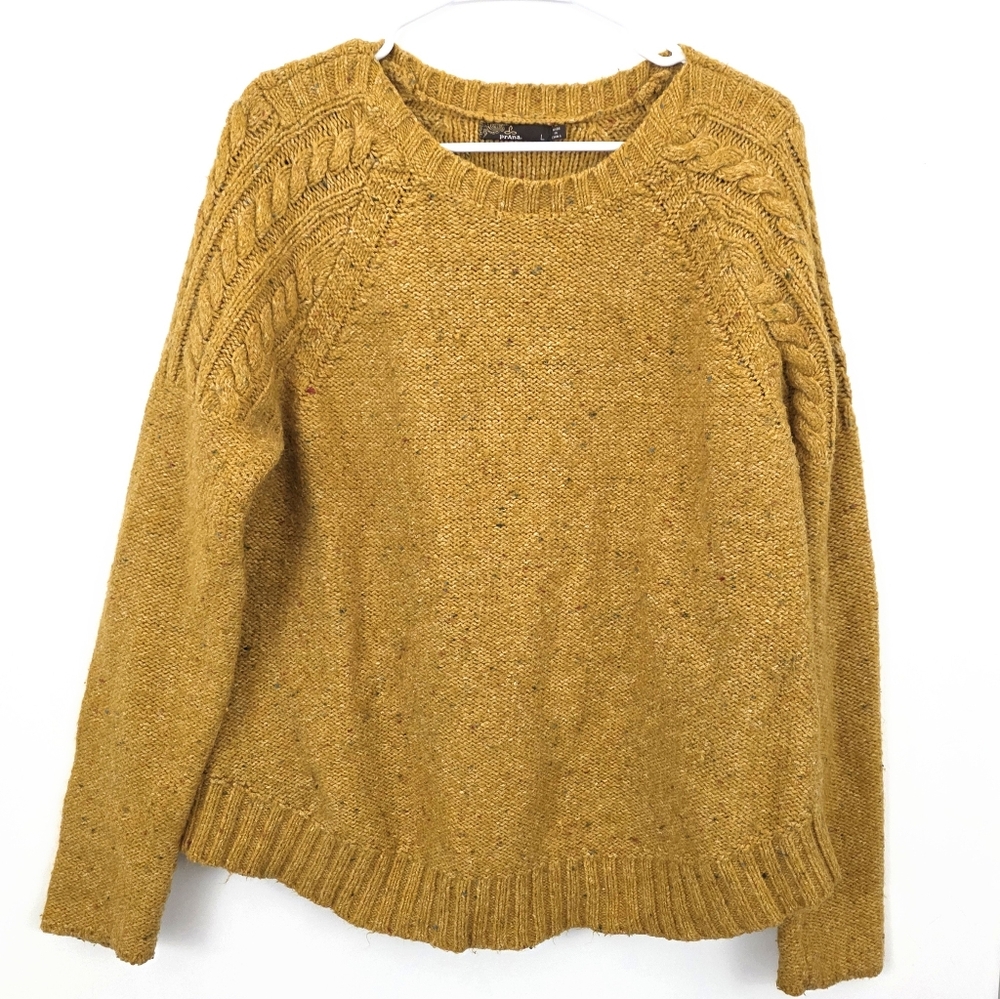 Prana Cable Knit Sweater Yellow Large Outdoor Spring Layer Hiking Pullover